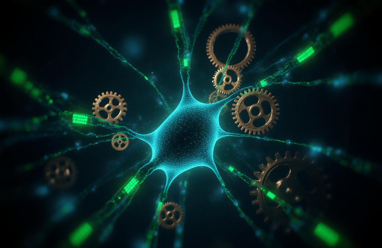 Abstract visualization of neural networks and glowing gears